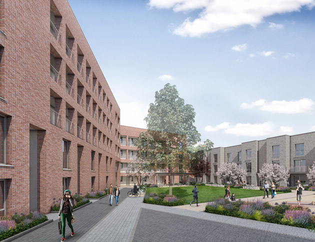 Computer generated image of showing view of the courtyard of the proposed housing development at Infirmary Road