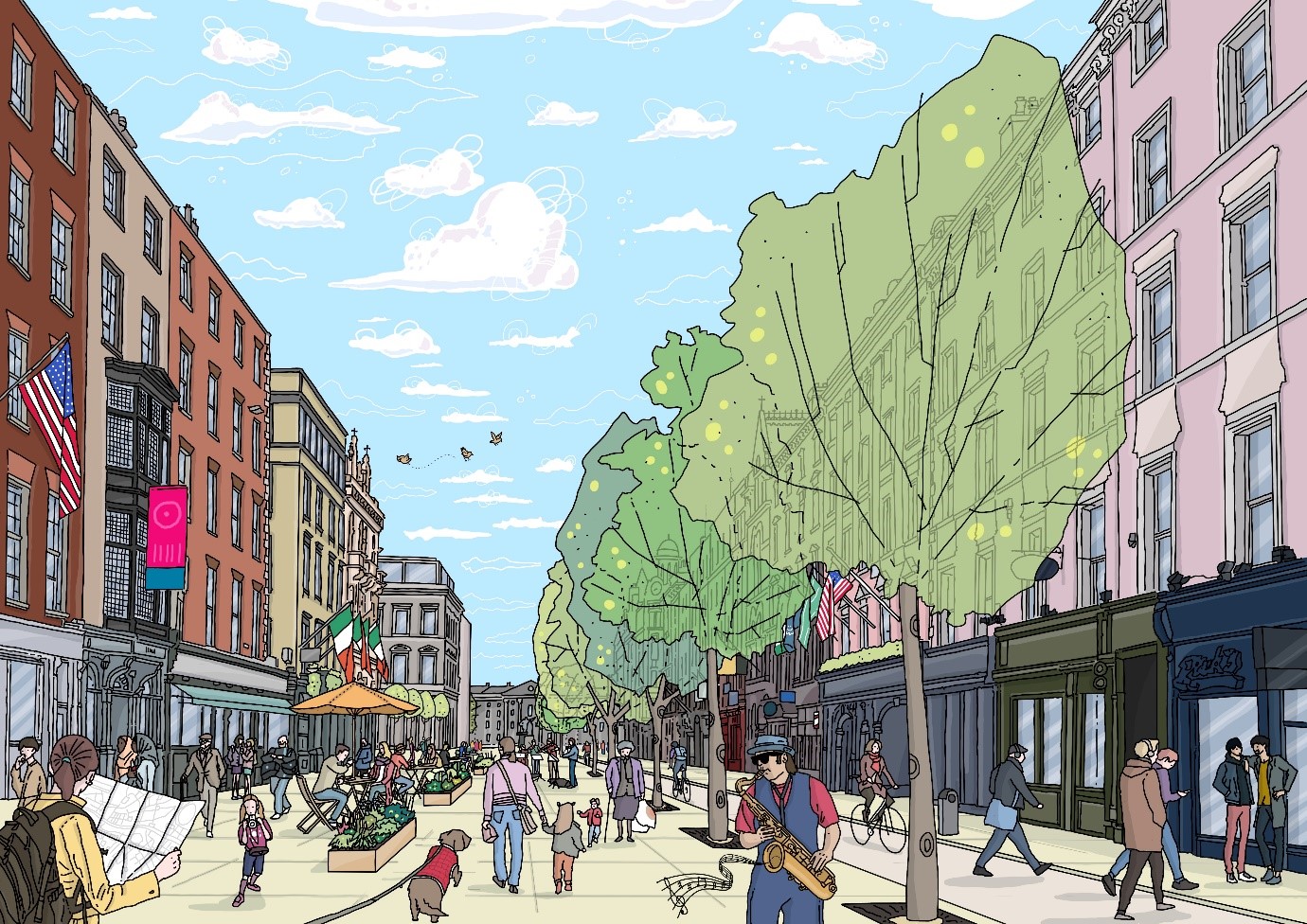Concept illustration of space in use, looking east along Dame Street towards Trinity College, image taken from Consultation Process on options for public realm improvements to Dame Street as part of the College Green project