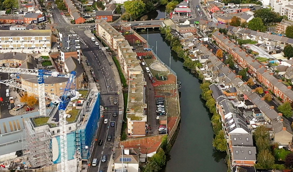 Aerial view of the three blocks of Ballybough House on Poplar Row beside the River Tolka in Ballybough.
