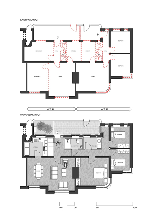Floor plans showing the original flat layout and removed partitions marked in red (above) and the new amalgamated apartment layout (below).